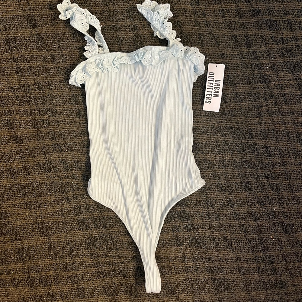 Urban Outfitters Out from Under Ribbed Ruffle Bodysuit, Light Blue Size S NWT